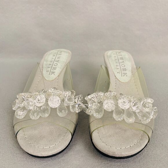 New York Transit Clear Wedge Sandals 8 Crystal Beaded Slip On Shoes Y2K Party - Picture 2 of 7